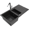 Mexen Matias granite sink 1.5-bowl with drainer and Flora kitchen faucet, black/silver - 6502-73-670401-07-B