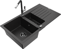 Mexen Matias 1.5-compartment granite sink with a drip tray and kitchen mixer tap Flora, Black/Silver - 6502-73-670401-07-B
