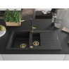 Mexen Matias granite sink 1.5-bowl with drainer and Flora kitchen faucet, black/silver - 6502-73-670401-57-G