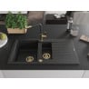 Mexen Matias granite sink 1.5-bowl with drainer and Flora kitchen tap, black/silver - 6502-73-670401-57-G