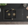 Mexen Matias granite sink 1.5-bowl with drainer and Flora kitchen faucet, black/silver - 6502-73-670401-57-G
