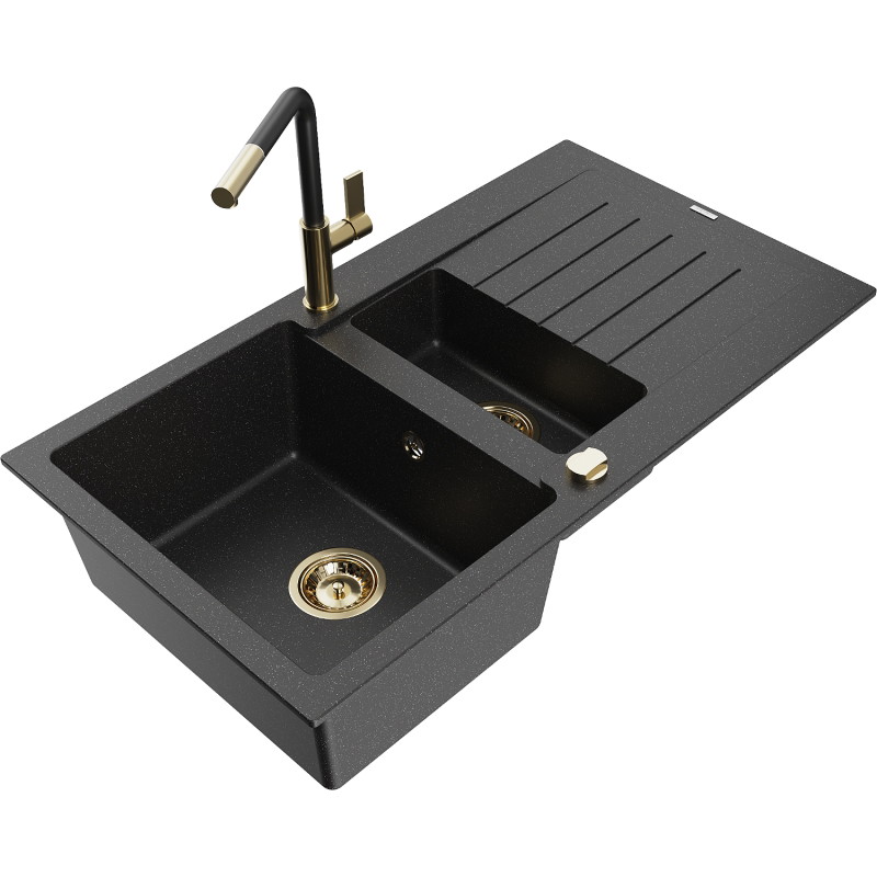 Mexen Matias granite sink 1.5-bowl with drainer and Flora kitchen faucet, black/silver - 6502-73-670401-57-G