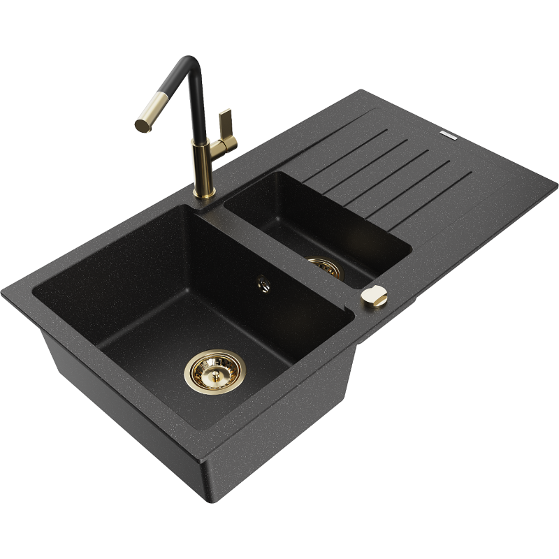 Mexen Matias granite sink 1.5-bowl with drainer and Flora kitchen tap, black/silver - 6502-73-670401-57-G