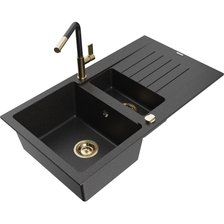 Mexen Matias granite sink 1.5-bowl with drainer and Flora kitchen faucet, black/silver - 6502-73-670401-57-G
