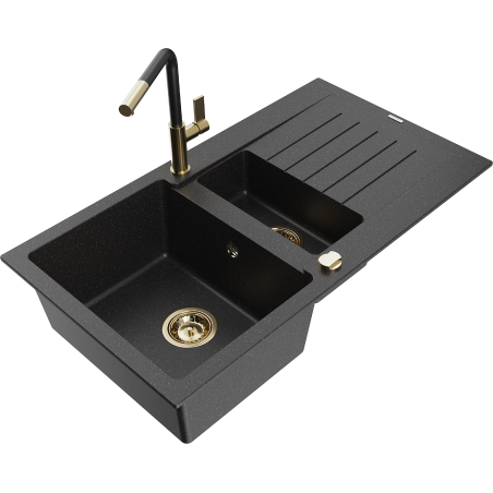 Mexen Matias granite sink 1.5-bowl with drainer and Flora kitchen tap, black/silver - 6502-73-670401-57-G