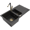 Mexen Matias 1.5-compartment granite sink with a drip tray and kitchen mixer tap Flora, Black/Silver - 6502-73-670401-57-G