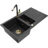 Mexen Matias granite sink 1.5-bowl with drainer and Flora kitchen faucet, black/silver - 6502-73-670401-57-G