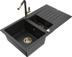 Mexen Matias granite sink 1.5-bowl with drainer and Flora kitchen faucet, black/silver - 6502-73-670401-57-G