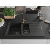 Mexen Matias granite sink 1.5-bowl with drainer and Flora kitchen faucet, black/silver - 6502-73-670401-57-B