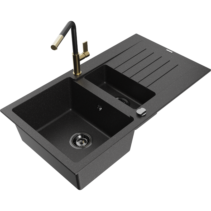 Mexen Matias 1.5-bowl granite sink with drainer and Flora kitchen tap, black/silver - 6502-73-670401-57-B