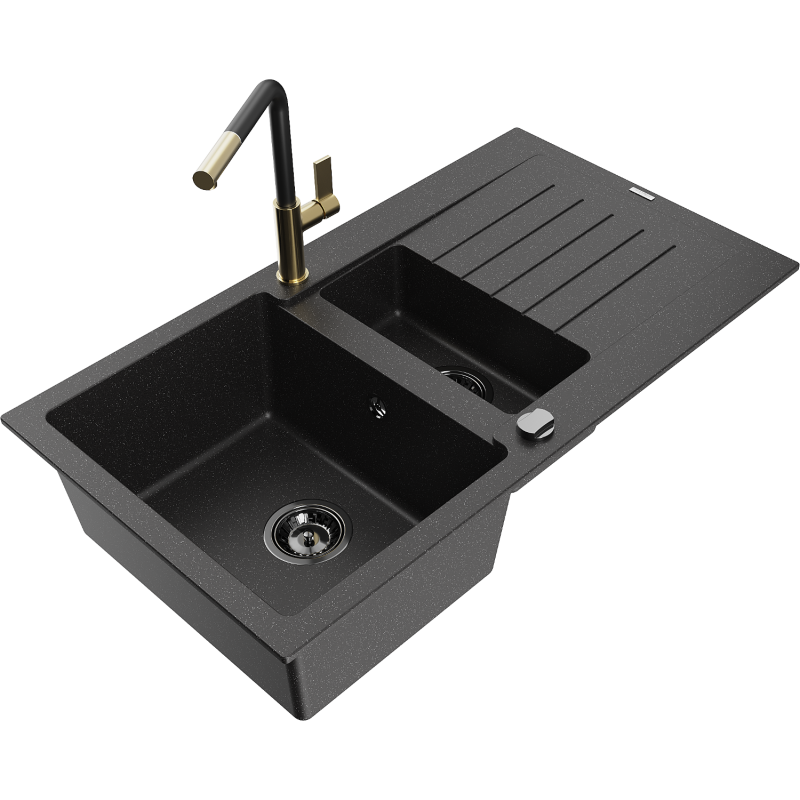 Mexen Matias 1.5-compartment granite sink with a drip tray and kitchen mixer tap Flora, Black/Silver - 6502-73-670401-57-B
