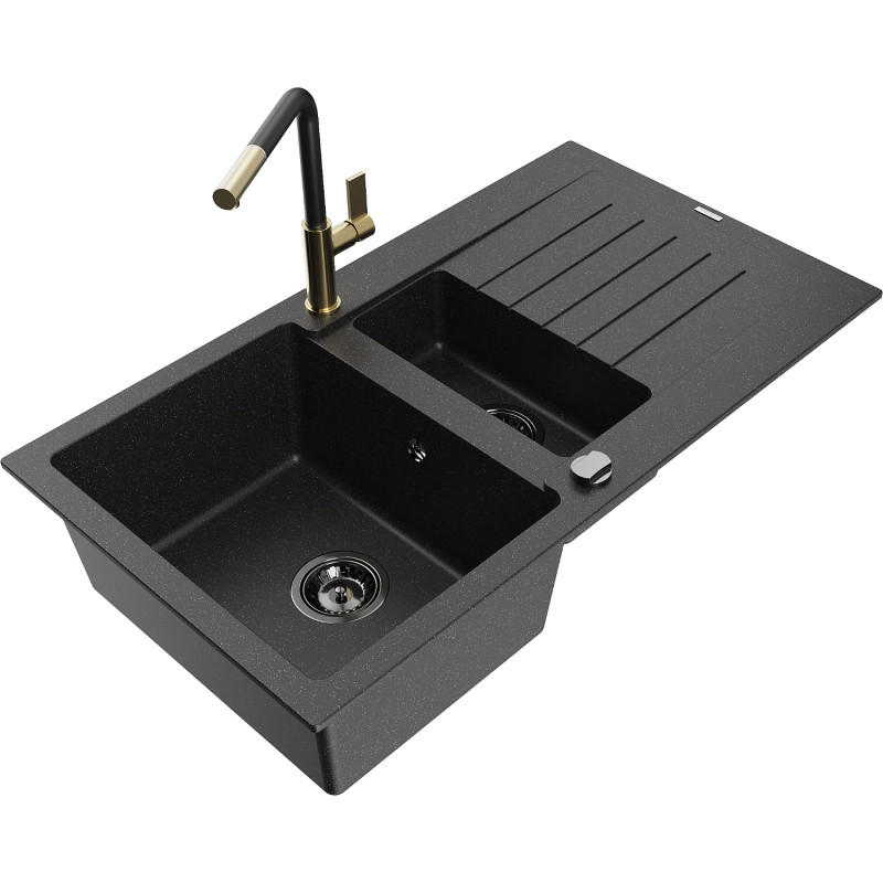 Mexen Matias granite sink 1.5-bowl with drainer and Flora kitchen faucet, black/silver - 6502-73-670401-57-B