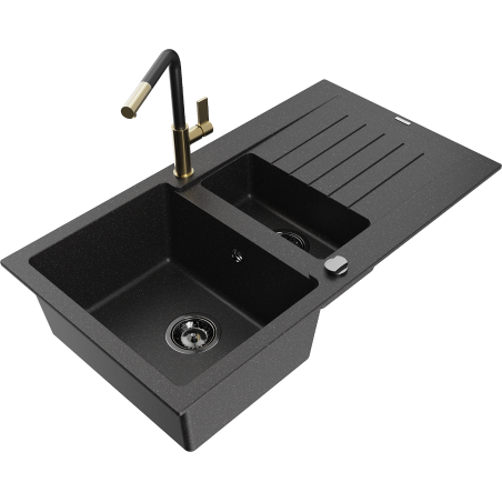 Mexen Matias 1.5-bowl granite sink with drainer and Flora kitchen tap, black/silver - 6502-73-670401-57-B
