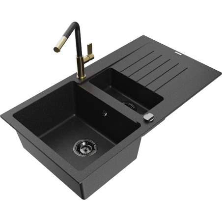 Mexen Matias granite sink 1.5-bowl with drainer and Flora kitchen faucet, black/silver - 6502-73-670401-57-B