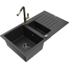 Mexen Matias granite sink 1.5-bowl with drainer and Flora kitchen faucet, black/silver - 6502-73-670401-57-B