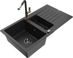 Mexen Matias granite sink 1.5-bowl with drainer and Flora kitchen faucet, black/silver - 6502-73-670401-57-B