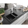 Mexen Matias granite sink, 1.5-bowl with drainer and Flora kitchen tap, black/silver - 6502-73-670401-70-B