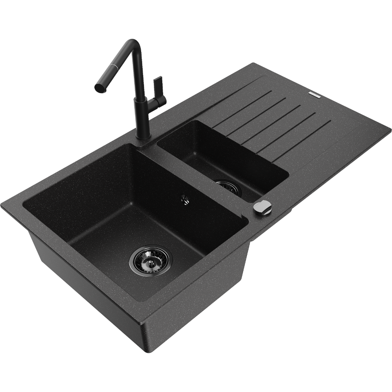 Mexen Matias granite sink, 1.5-bowl with drainer and Flora kitchen tap, black/silver - 6502-73-670401-70-B
