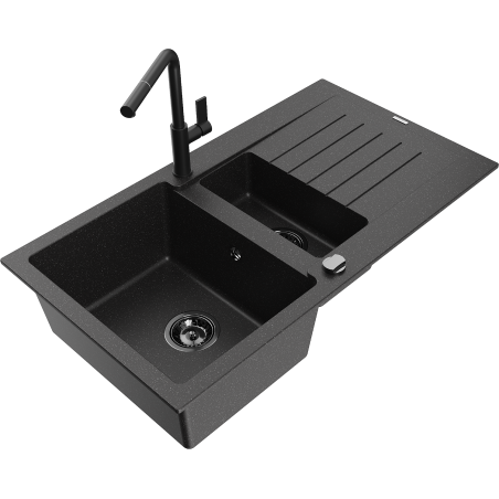Mexen Matias granite sink 1.5-bowl with drainer and Flora kitchen faucet, black/silver - 6502-73-670401-70-B