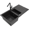 Mexen Matias granite sink 1.5-bowl with drainer and Flora kitchen faucet, black/silver - 6502-73-670401-70-B