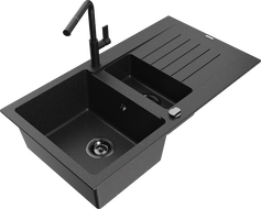 Mexen Matias 1.5-compartment granite sink with a drip tray and kitchen mixer tap Flora, Black/Silver - 6502-73-670401-70-B