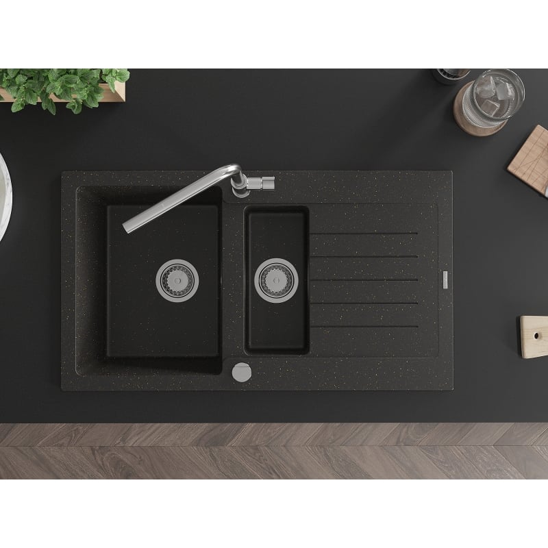 Mexen Matias granite kitchen sink 1.5-bowl with drainer and Flora kitchen faucet, black/gold metallic - 6502-75-670401-00