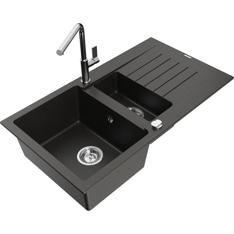 Mexen Matias granite kitchen sink 1.5-bowl with drainer and Flora kitchen faucet, black/gold metallic - 6502-75-670401-00