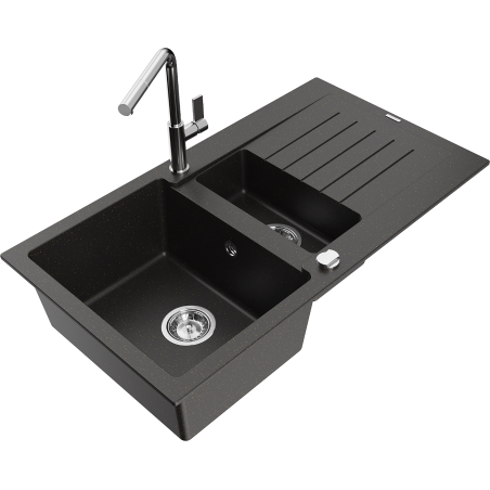 Mexen Matias granite sink 1.5-bowl with drainer and Flora kitchen faucet, black/gold metallic - 6502-75-670401-00