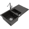 Mexen Matias granite sink 1.5-bowl with drainer and Flora kitchen faucet, black/gold metallic - 6502-75-670401-00