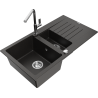 Mexen Matias granite sink 1.5-bowl with drainer and Flora kitchen tap, black/golden metallic - 6502-75-670401-00