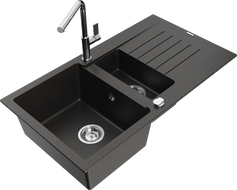 Mexen Matias granite kitchen sink 1.5-bowl with drainer and Flora kitchen faucet, black/gold metallic - 6502-75-670401-00