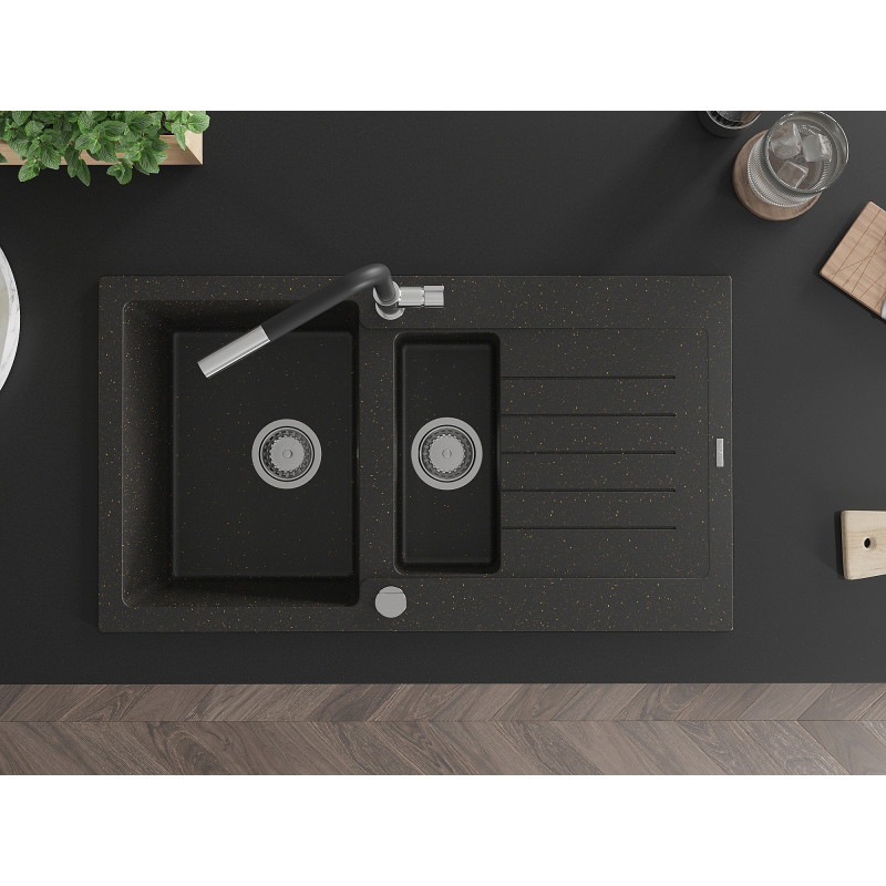 Mexen Matias granite sink 1.5-bowl with drainer and Flora kitchen faucet, black/gold metallic - 6502-75-670401-07