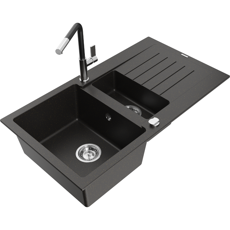 Mexen Matias 1.5-bowl granite sink with drainer and Flora kitchen tap, black/gold metallic - 6502-75-670401-07