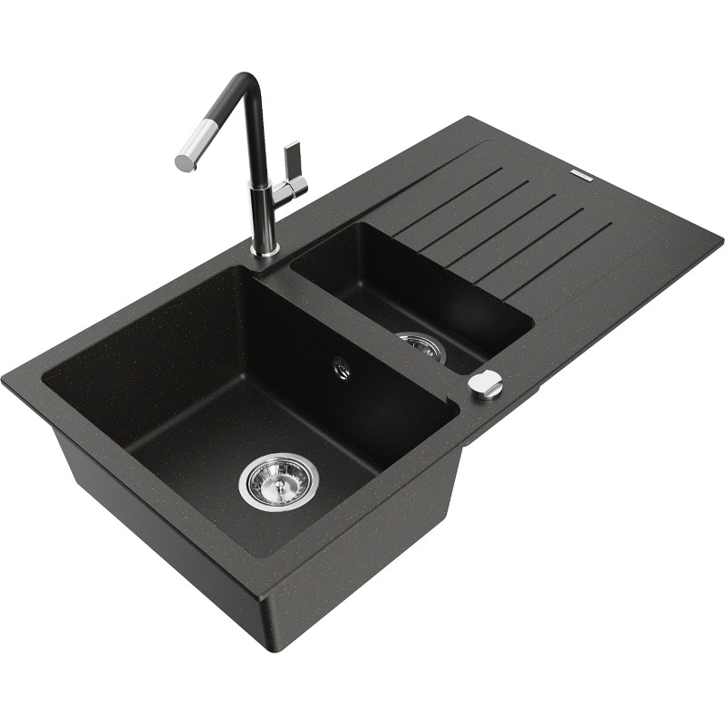 Mexen Matias granite sink 1.5-bowl with drainer and Flora kitchen faucet, black/gold metallic - 6502-75-670401-07