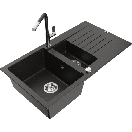 Mexen Matias granite sink 1.5-bowl with drainer and Flora kitchen faucet, black/gold metallic - 6502-75-670401-07
