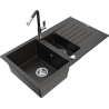 Mexen Matias 1.5-compartment granite sink with a drip tray and kitchen mixer tap Flora, Black/Gold metallic - 6502-75-670401-07
