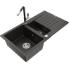 Mexen Matias granite sink 1.5-bowl with drainer and Flora kitchen faucet, black/gold metallic - 6502-75-670401-07