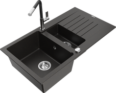 Mexen Matias granite sink 1.5-bowl with drainer and Flora kitchen faucet, black/gold metallic - 6502-75-670401-07