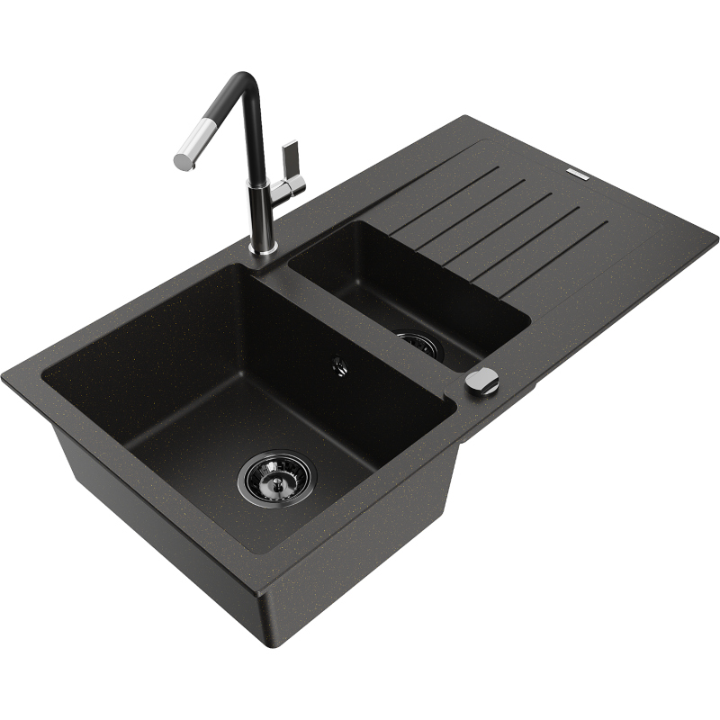 Mexen Matias 1.5-compartment granite sink with a drip tray and kitchen mixer tap Flora, Black/Gold - 6502-75-670401-07-B