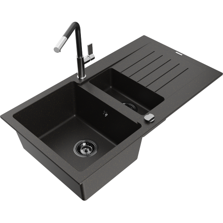 Mexen Matias granite sink 1.5-bowl with drainer and Flora kitchen faucet, black/gold - 6502-75-670401-07-B