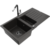 Mexen Matias 1.5-compartment granite sink with a drip tray and kitchen mixer tap Flora, Black/Gold - 6502-75-670401-07-B