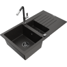 Mexen Matias granite sink 1.5-bowl with drainer and Flora kitchen faucet, black/gold - 6502-75-670401-07-B