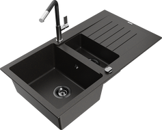 Mexen Matias granite sink 1.5-bowl with drainer and Flora kitchen faucet, black/gold - 6502-75-670401-07-B