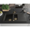 Mexen Matias granite kitchen sink 1.5-bowl with drainer and Flora kitchen faucet, black/gold - 6502-75-670401-57-G