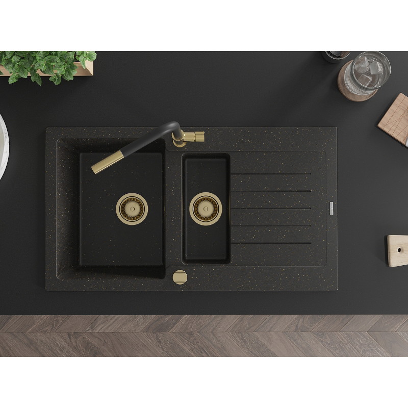 Mexen Matias granite kitchen sink 1.5-bowl with drainer and Flora kitchen faucet, black/gold - 6502-75-670401-57-G