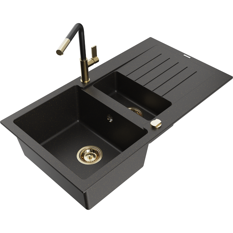 Mexen Matias 1.5-bowl granite kitchen sink with drainer and Flora kitchen tap, black/gold - 6502-75-670401-57-G