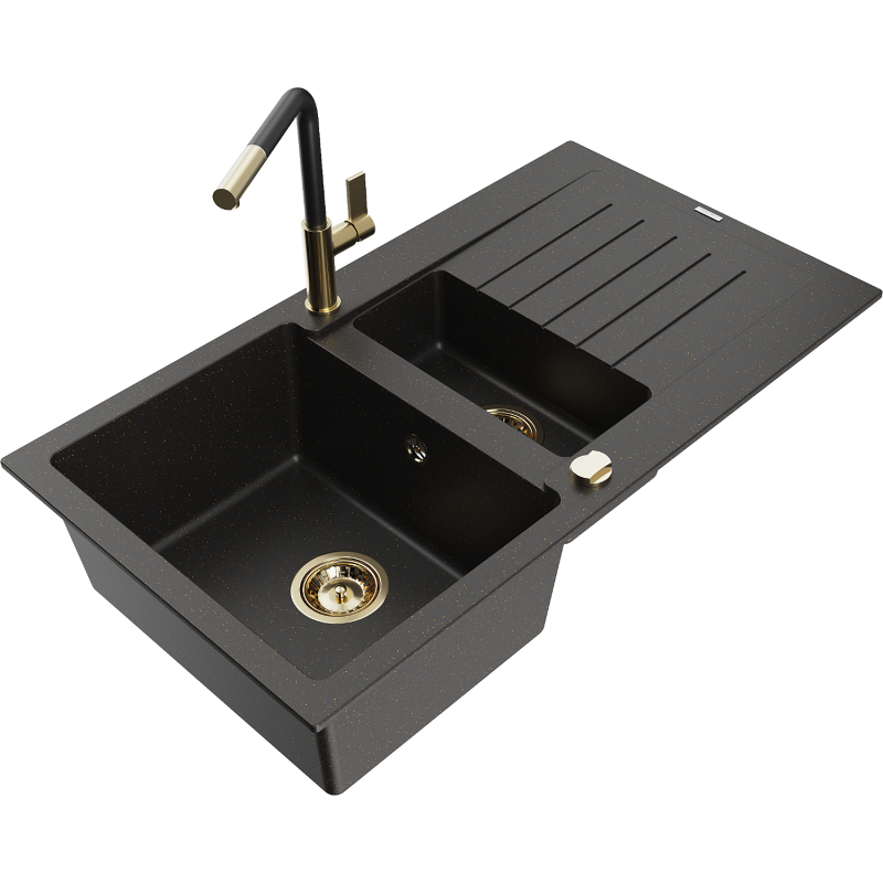 Mexen Matias 1.5-compartment granite sink with a drip tray and kitchen mixer tap Flora, Black/Gold - 6502-75-670401-57-G