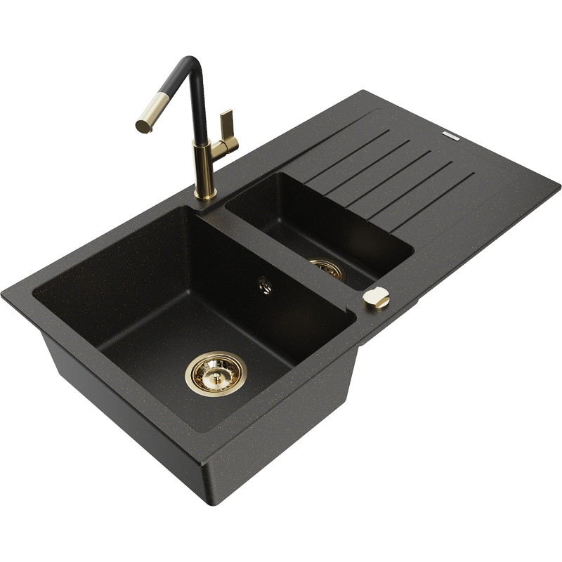 Mexen Matias granite sink 1.5-bowl with drainer and kitchen faucet Flora, black/gold - 6502-75-670401-57-G
