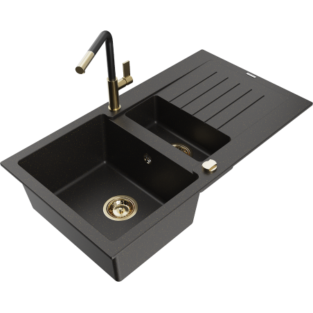 Mexen Matias 1.5-bowl granite kitchen sink with drainer and Flora kitchen tap, black/gold - 6502-75-670401-57-G