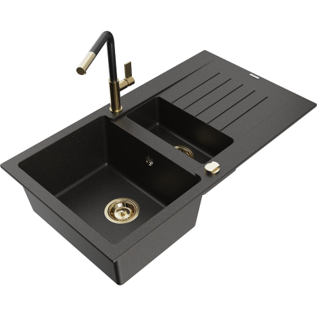 Mexen Matias 1.5-compartment granite sink with a drip tray and kitchen mixer tap Flora, Black/Gold - 6502-75-670401-57-G